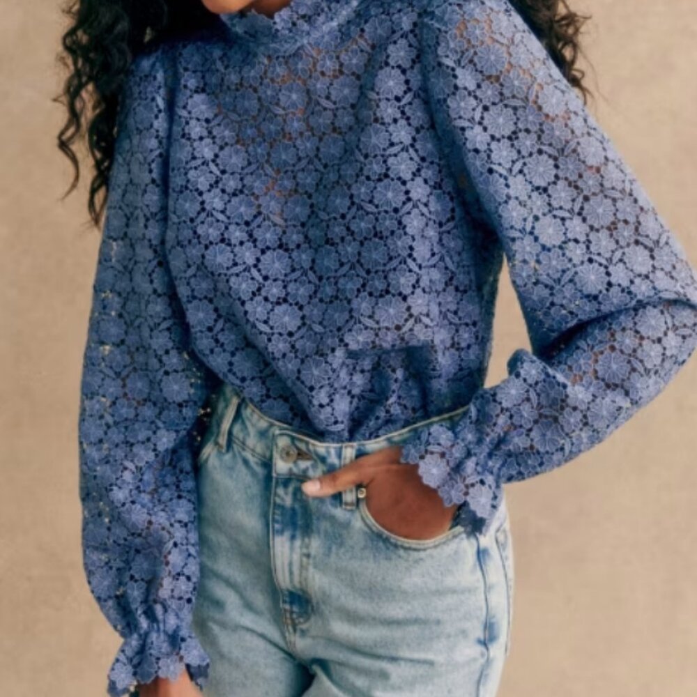 NWOT Sezane Floral Lace Jordyna Blouse In Azul Blue- Size FR38/US6